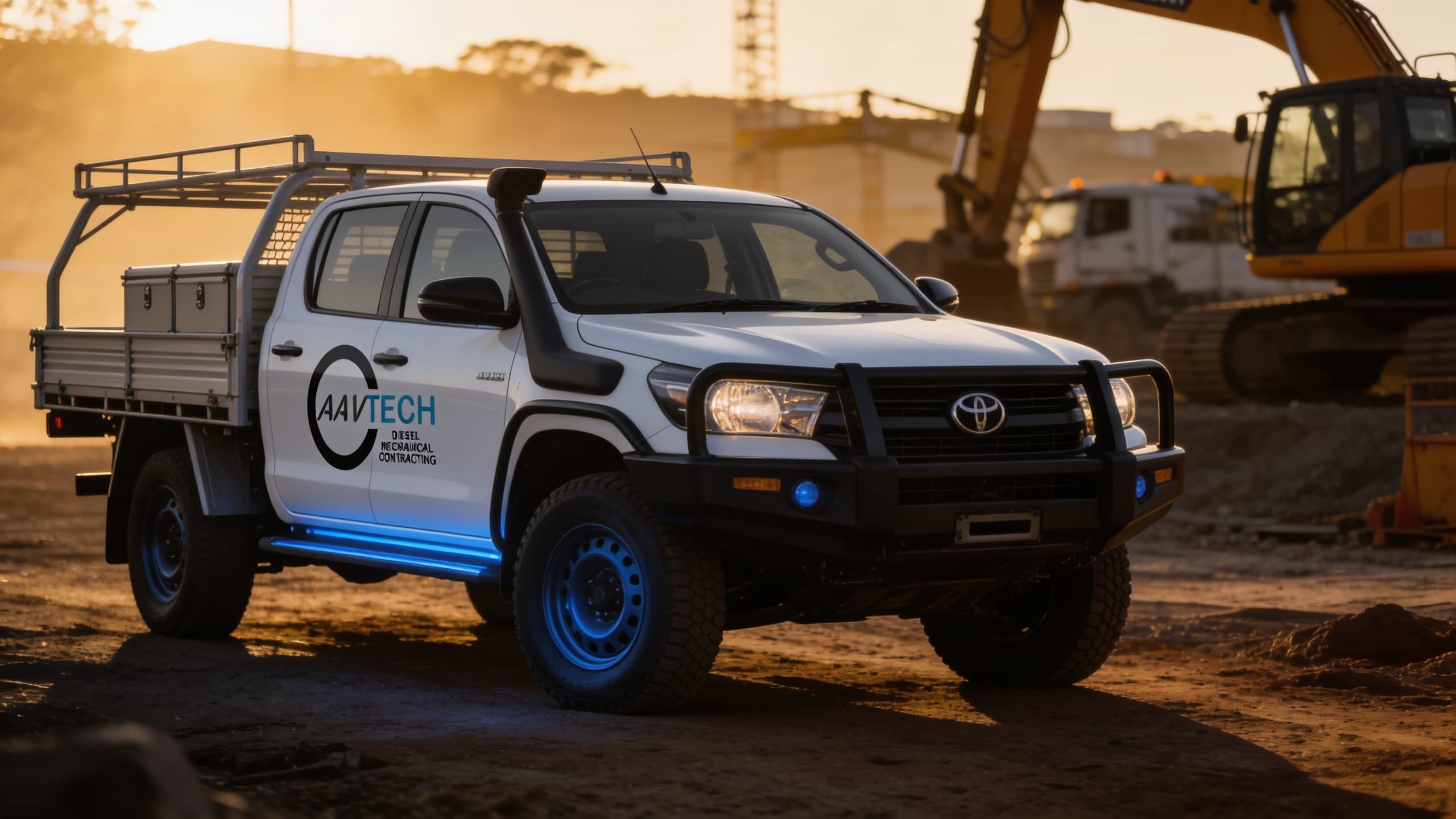 AAVTECH branded service ute on a worksite alongside an excavator and truck